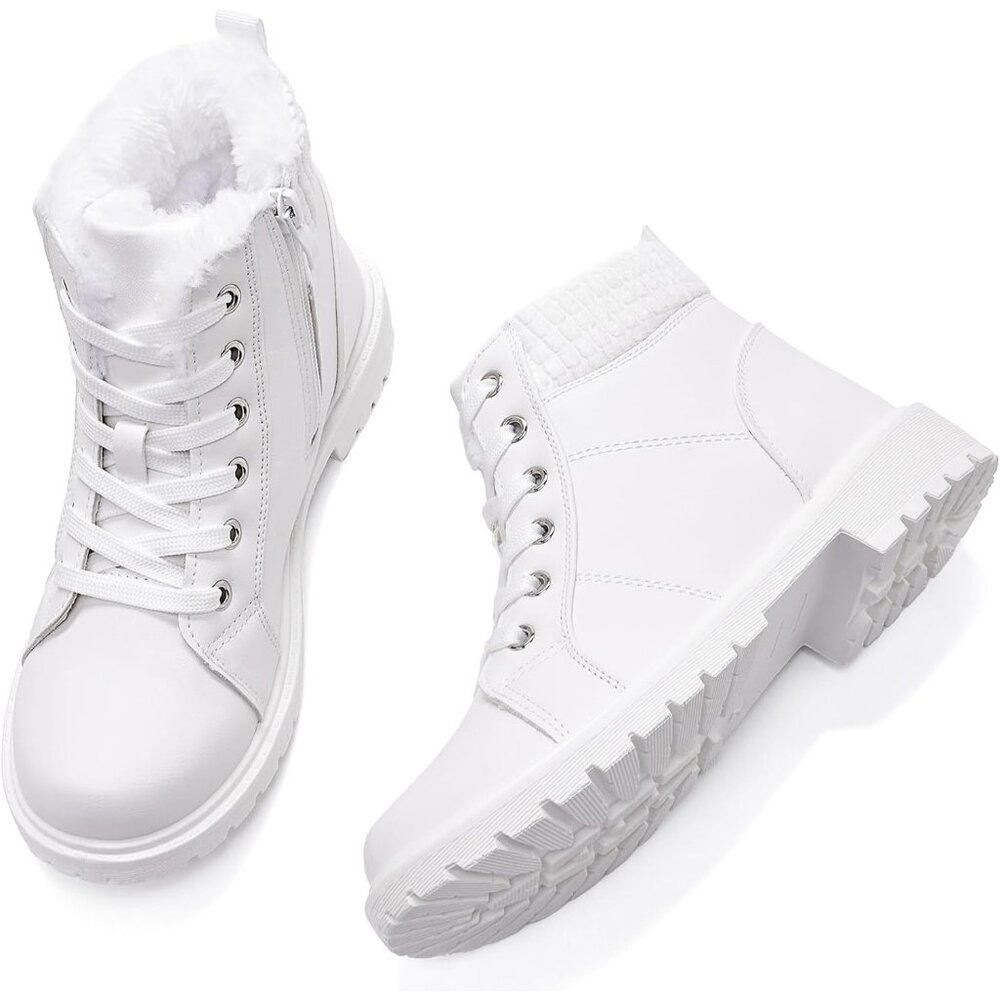 Uoidru Ankle Boots Women White Microfiber Black Winter Snow Lace Up Comfort Fuz